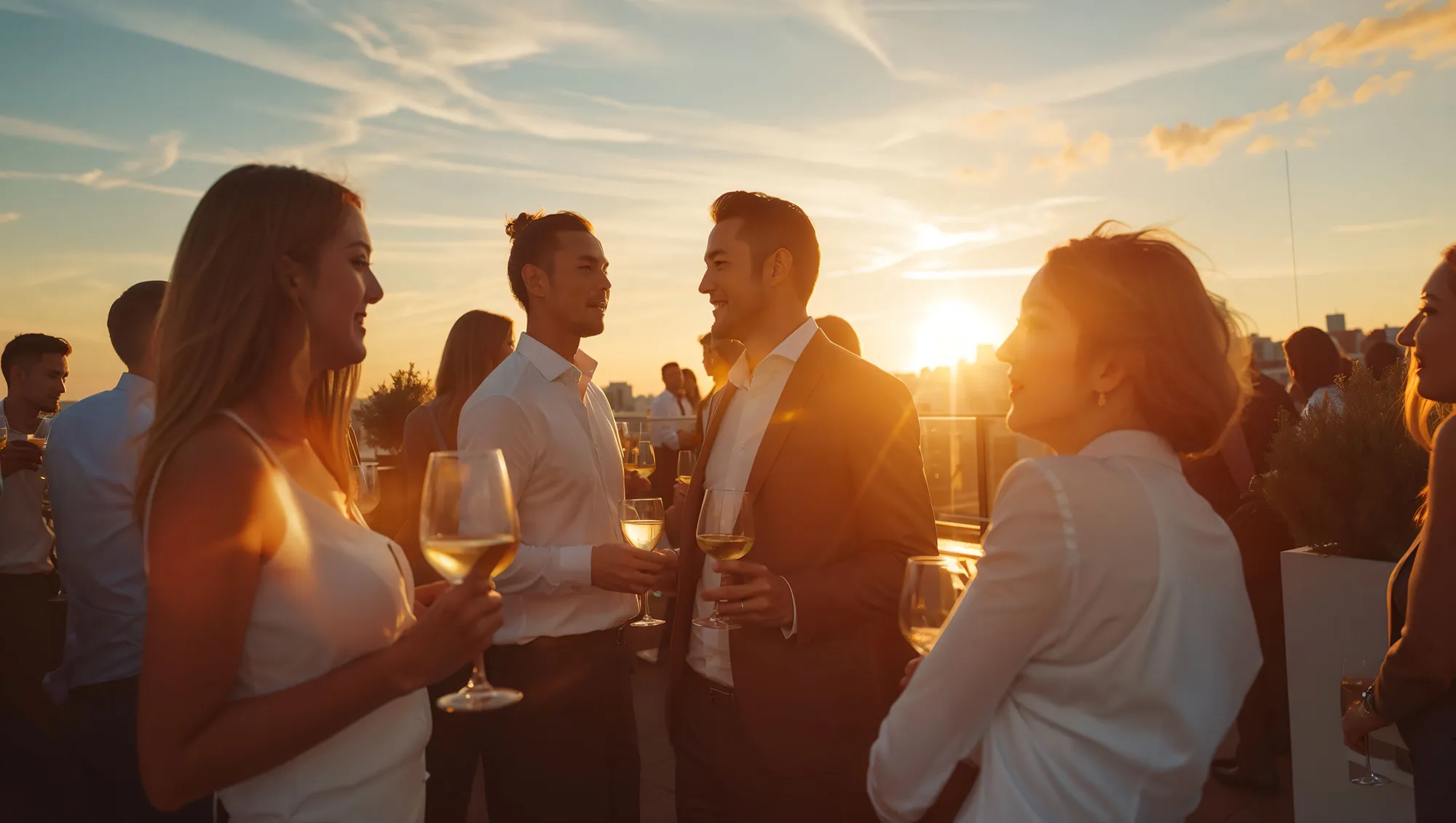 Jubiläum in Fulda – Menschen beim Empfang auf einer Dachterrasse bei Sonnenuntergang