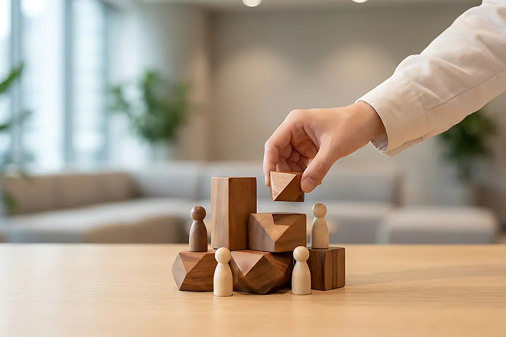 Holzblöcke von Hand platzieren, um eine Teamstruktur auf einem Tisch zu vervollständigen