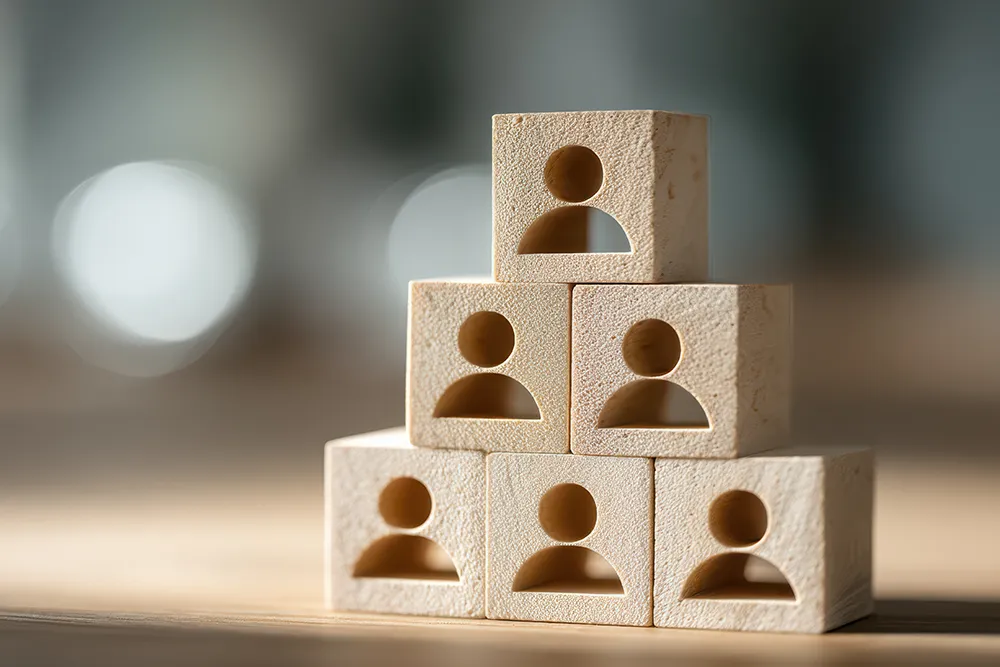 Holzklötze mit menschlichen Symbolen, die zu einer Pyramide aufgestapelt sind